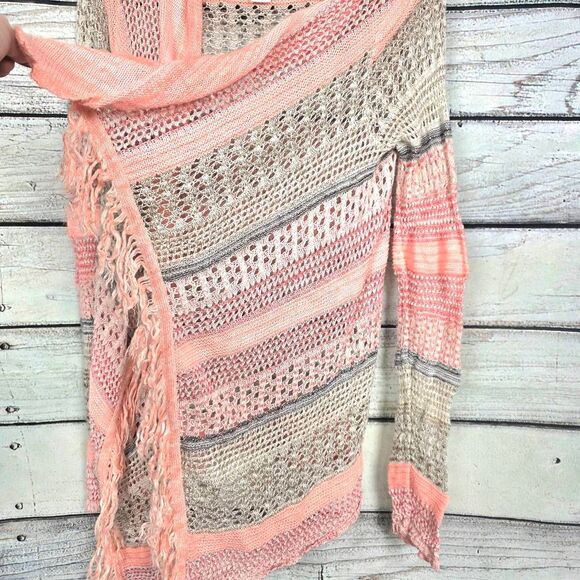 Maurices Open Knit Fringe Cardigan Peach Gray S - Picture 3 of 6
